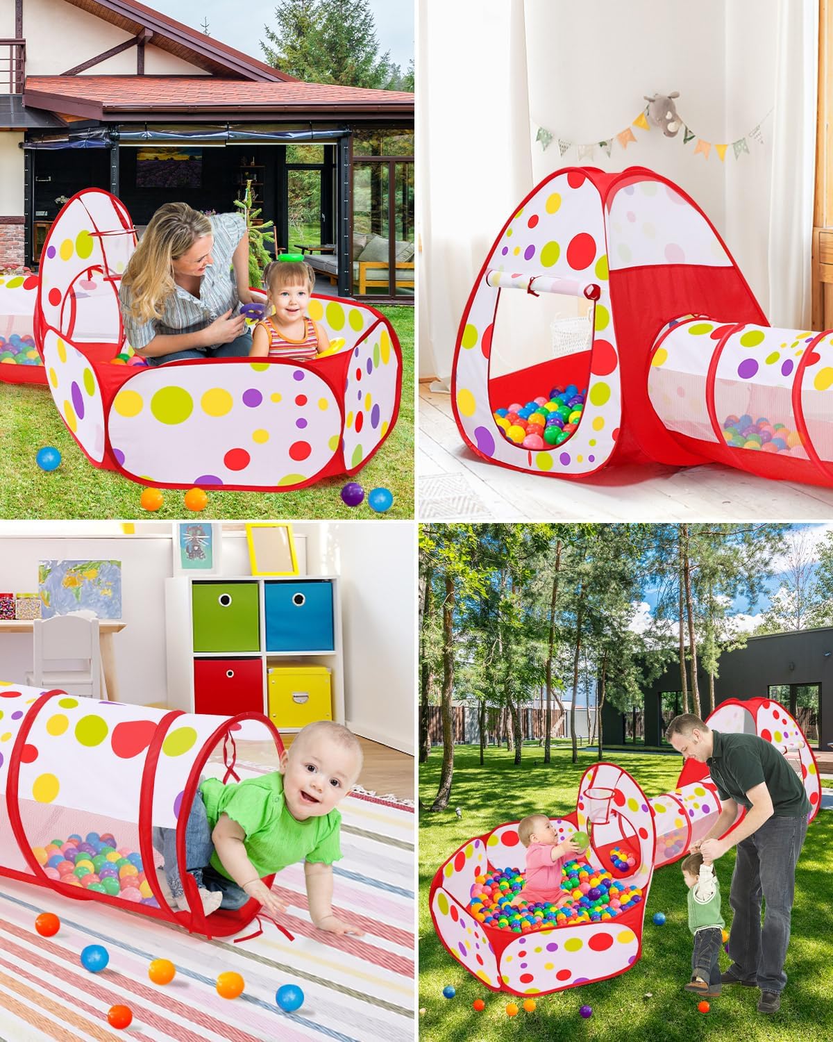 3 in 1 Tunnel Tent House For Kids With 50 Soft Balls