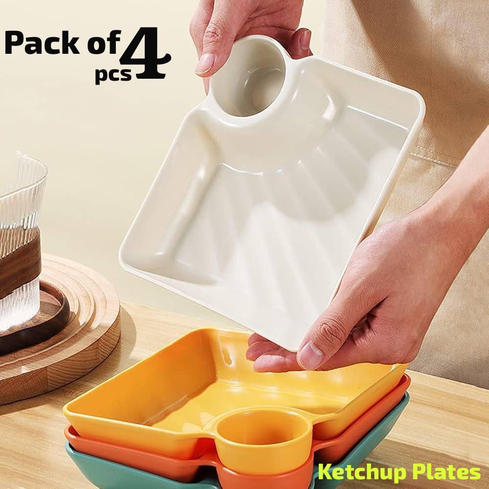 Pack Of 4 Multipurpose Snacks French Fries  Dumpling Plate with Sauce Compartment