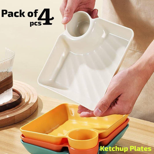 Pack Of 4 Multipurpose Snacks French Fries  Dumpling Plate with Sauce Compartment