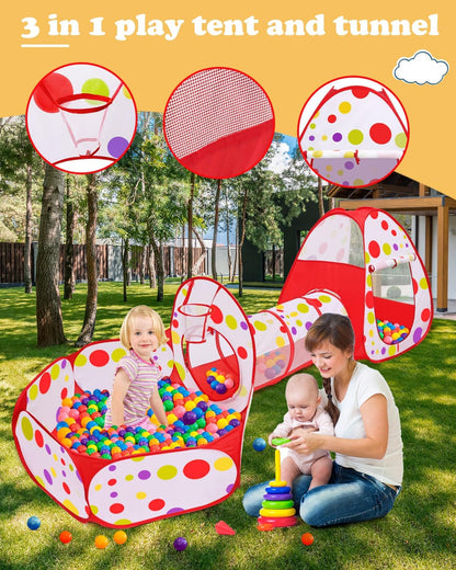 3 in 1 Tunnel Tent House For Kids With 50 Soft Balls
